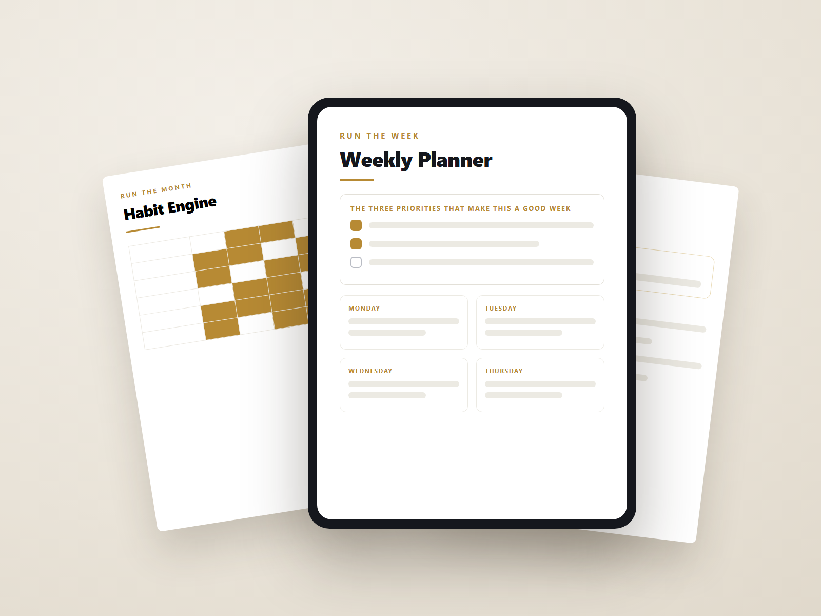 The Cadence planner shown on a tablet, with the habit tracker and daily pages behind it